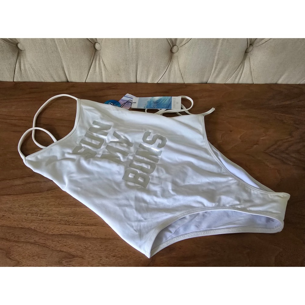 Forever 21 Run Surf Sun "SUN MY BUNS" White One Piece Swimsuit Size M NWT